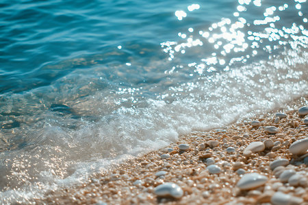 Wave breaking on pebble beach. Sea foam washes over the round, beige pebbles on the shoreline. Sunlight glares and reflects in the wave motion.の素材