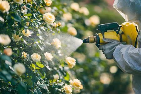 Person in a protective suit spraying roses with a yellow tool. Featuring liquid being dispersed towards yellow flowering bush.の素材
