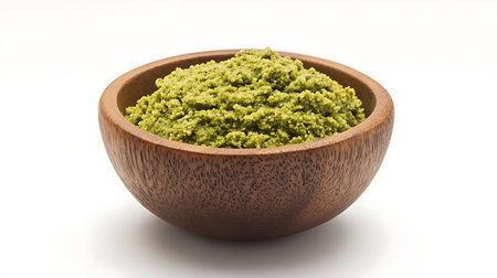 Close-up shows a wooden bowl filled with vibrant green pistachio pesto, a popular Italian dip. Perfect for culinary and gourmet food concepts.の素材