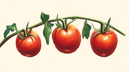 Close up illustrative art of ripe, red tomatoes hanging on a vine with green leaves against a clean, bright background with art style brushstrokes.の素材