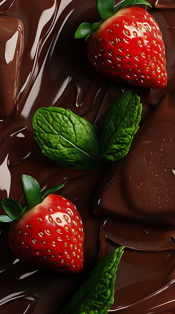 Captivating close-up of smooth melted chocolate featuring ripe red strawberries and vibrant green mint leaves. Perfect for adding a touch of freshness.の素材