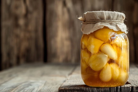 Close-up of preserved onions submerged in glass jar with cloth lid, elegantly sitting on a rustic wood surface, capturing timeless traditions.の素材