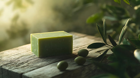 Close up shows a green square soap with olive fruits arranged on an aged wooden texture, captured under the subtle shadows cast by olive branches.の素材
