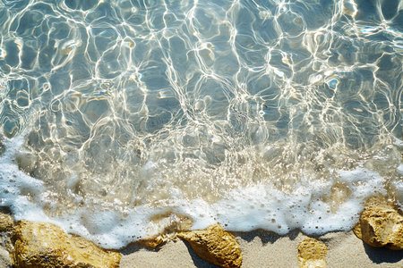 Top view capturing the translucent ocean water meeting the sandy beach, wave foam kissing rocks, and sunlight reflecting on the ripple patterns.の素材