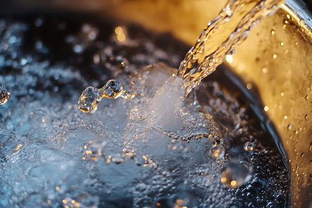 A stream of water fills a stainless steel sink, showing the motion and bubbles in a macro, close-up view of the water.の素材