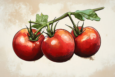 Watercolor styled design featuring three ripe red tomatoes on the vine with green leaves against a neutral textured backdrop.の素材