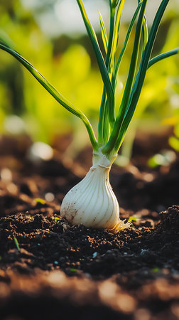 Captures a fresh white onion bulb with green stalks sprouting from dark soil, showcasing growth in a farm setting. Detailed closeup highlights the onion's texture.の素材