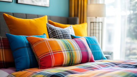 Eye-level shot showing plaid multi-colored and solid yellow and blue pillows on cozy patterned quilt in a comfortable modern interior room with a headboard.の素材