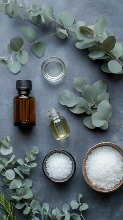 Top-down shot shows oil bottles, bowls of salt, glass jar, and sprigs of eucalyptus arranged on a textured gray surface, with muted, natural lighting.の素材