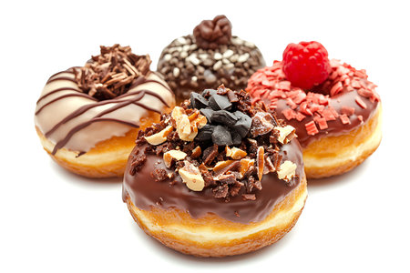 Overhead angle displaying various glazed doughnuts decorated with toppings such as chocolate, raspberry, nuts, sprinkles, isolated on a white surface.の素材
