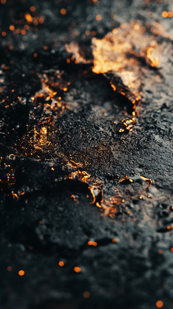 Macro shot of rock texture featuring light streaks and bokeh effects. Focus highlights the contrast between dark stone and golden glints.の素材