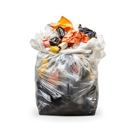 Overhead view of a clear plastic garbage bag stuffed with household trash, with various colorful wrappers and containers. Isolated on white.の素材