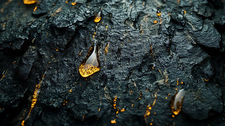 Detailed capture showcases a rugged black stone texture. Drops of shimmering golden fluid glisten and trickle down the textured mineral face.の素材