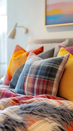Focus on colorful cushions with plaid pattern, covers, textiles, bedroom dÃ©cor. Stacked pillows arrangement in a bed provides comfort and style.の素材