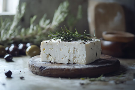 Close-up of feta cheese cube, garnished with fresh rosemary, resting on a round wooden board. Culinary still life showcasing rustic, natural flavors.の素材