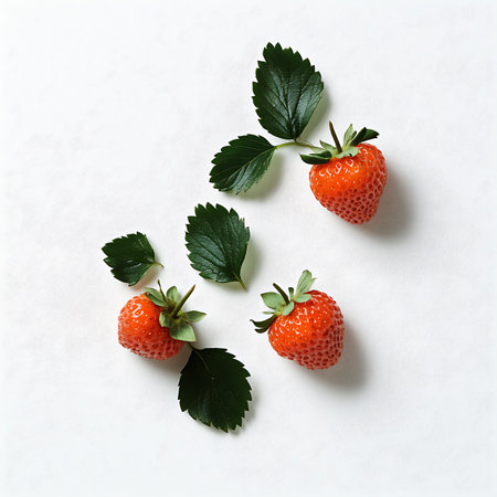 High-angle shot shows three fresh strawberries with vibrant green leaves, evenly spaced on a white, textured surface.の素材