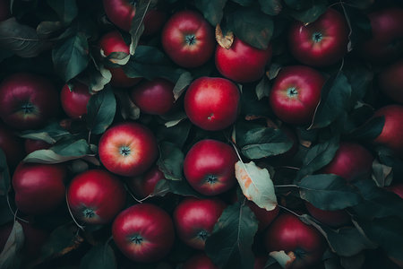 Dark moody close up of freshly picked red apples nestled among dark green leaves in an orchard setting, conveying freshness and natural food harvest.の素材