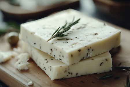 Close-up shot displays two stacked square herb goat cheese blocks. A rosemary twig sits atop, on wood surface. Soft focus, natural lighting.の素材