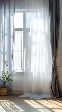 Interior view featuring a bright window dressed with a sheer curtain and a gray drape, with a potted green plant set against a wood floor.の素材