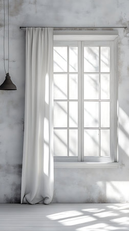 Interior of a white room featuring a window, curtain, modern light fixture, and textured wall, all bathed in natural sunlight, creating a clean aesthetic.の素材