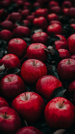 Group of fresh, shiny red apples with water droplets. The apples have visible stems and are closely arranged among green leaves.の素材
