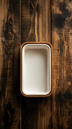 A white ceramic serving dish rests on a rustic wooden surface. The dish is rectangular with rounded corners and a cork border, adding a natural touch.の素材