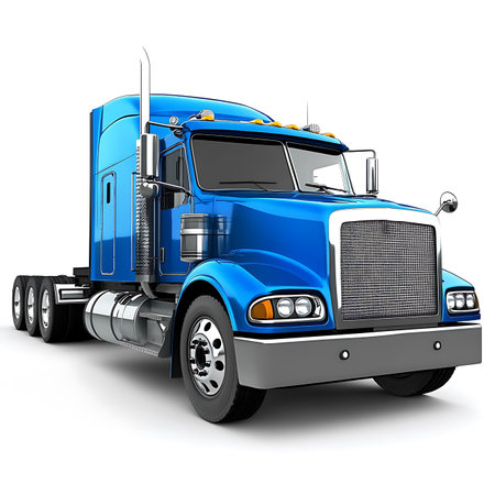 Captures a full view of a blue semi-truck cab, with its distinctive grille, large wheels, and transportation equipment on a white background.の素材