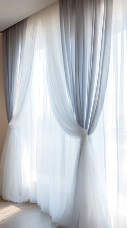 Softly draped curtains in white and gray, creating a gradient of color. The fabric is gathered at the side. Light streams in through the sheer material.の素材