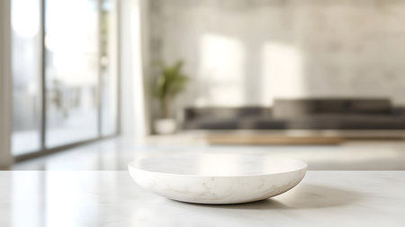 Close-up of a round marble textured platform on a matching countertop in a bright room, with a blurred background including a window and living space.の素材