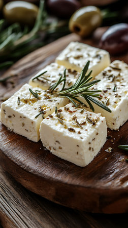 Close-up shows feta cheese cubes with olive oil and rosemary sprigs on a wooden serving board with olives, highlighting a simple appetizer.の素材