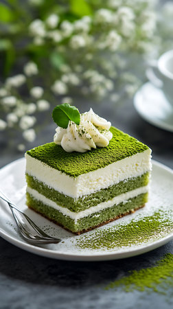 Close-up shot features a matcha-layered cake slice topped with white whipped cream, a fresh mint leaf served on white plate alongside a fork.の素材