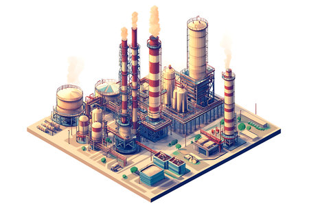 Isometric illustration displays a petroleum factory with smokestacks, storage tanks and intricate piping system, set against a clean white background.の素材
