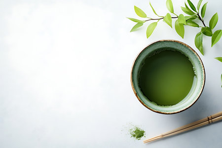 Green tea matcha in bowl with chopsticks and matcha powder. A plant with green leaves. Studio shot on white textured table.の素材
