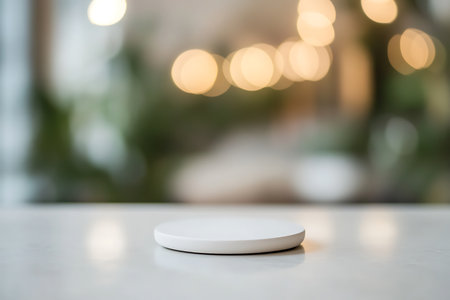 Close-up captures a simple round white platform on a bright marble surface, complemented by soft, blurred bokeh lights in the background.の素材