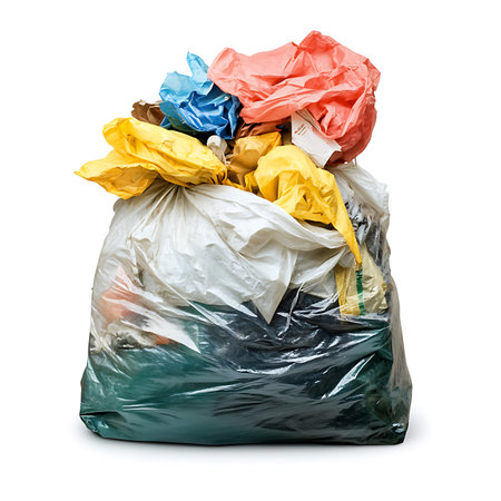 Image features a clear plastic bag filled with mixed garbage. Top bags are yellow, blue, and pink. The bottom is green. Isolated on a white backdrop.の素材
