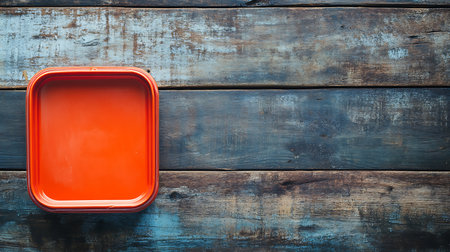 A square orange plastic tray contrasts beautifully with the distressed blue painted wooden planks creating a compelling background texture.の素材