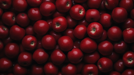 Abundance of glossy, deep red apples are tightly arranged. Some apples show stems, creating a natural and visually striking pattern.の素材