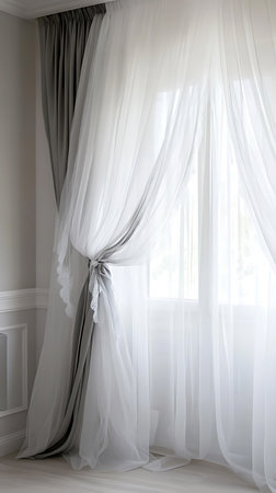 Interior showcases layered window treatments with flowing white sheers and tied-back grey drapes, creating soft, diffused light in an elegant space.の素材