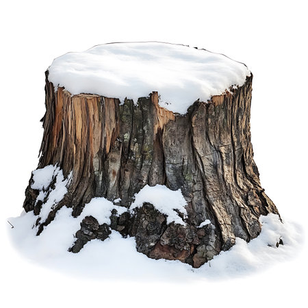 Full shot showing weathered, rugged tree trunk base heavily layered with fresh snow against a transparent backdrop, highlighting textures and seasonal contrast.の素材