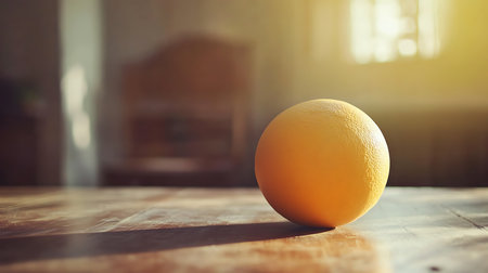 Close-up of a bright orange fruit resting on a grainy wooden table. A sunny, out-of-focus background suggests a warm, inviting scene.の素材