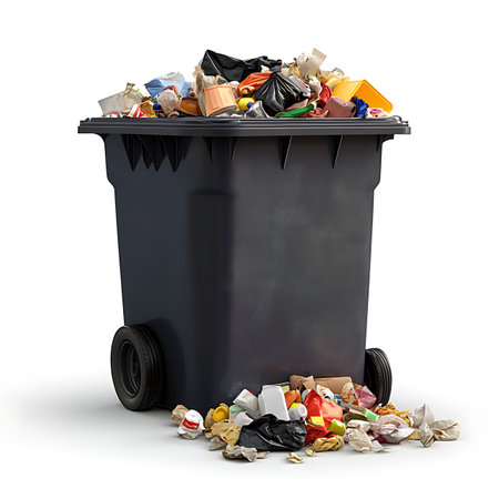 Full wheeled black garbage can, brimming with mixed household trash. Debris scattered around the base against a white background creating visual contrast.の素材