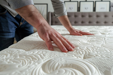 Closeup of man's hand touching soft orthopedic mattress on bed at homeの素材