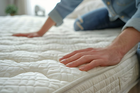 Closeup of man's hand touching soft orthopedic mattress on bed at homeの素材