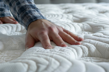 Closeup of man's hand touching soft orthopedic mattress on bed at homeの素材