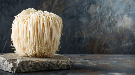 White lion's mane mushroom on dark backgroundの素材