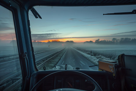 View from the drivers seat of a truck at Sunsetの素材