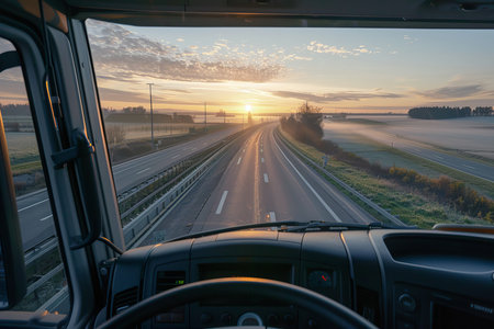 View from the drivers seat of a truck at Sunsetの素材