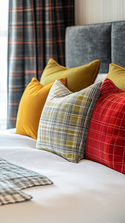 An inviting bed with plaid, red, and gold cushions against a textured gray headboard, paired with striped bedding, creates a warm and elegant hotel room ambiance.の素材