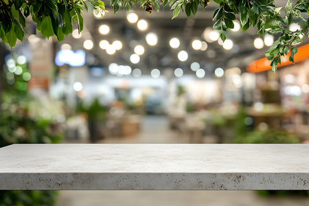 Marble counter shows green plant decoration against blurred supermarket background. Tabletop offers view to blurred supermarket and store interior.の素材