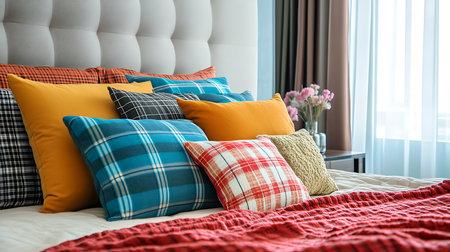 Eye-level captures a bed showcasing a diverse array of pillows and a cozy red knit blanket. Floral arrangement adds soft touch. Natural window light highlights room.の素材